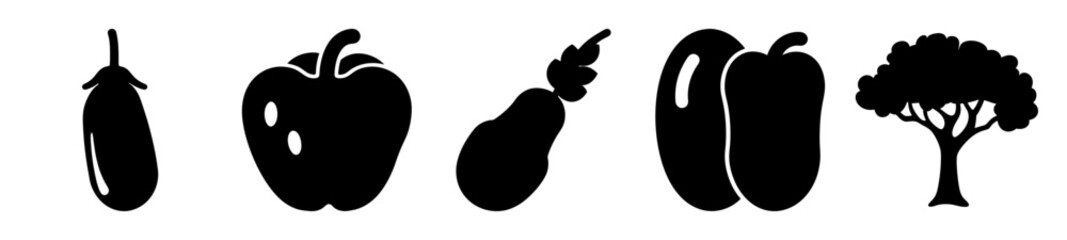 Black silhouette style illustration of various fruits, vegetables and a tree