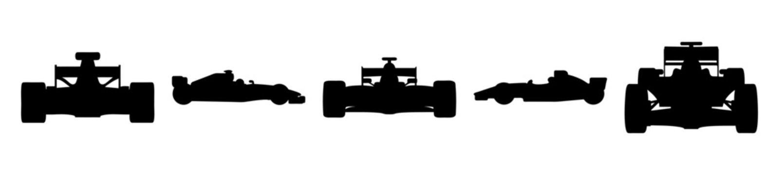 Silhouette illustration showcasing Formula 1 racing cars from various front and side angles