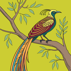 Colorful Bird of Paradise on a Tree Branch – Stylized Vector Illustration