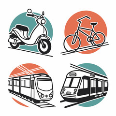 Illustration showing a scooter, bicycle, and two trains, each set against a colored circular background