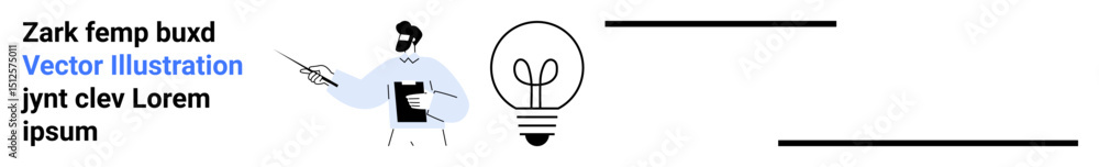 Poster man holding clipboard and pointing at glowing lightbulb, symbolizing idea creation and innovation. i
