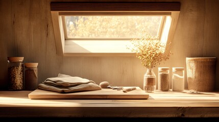 Cozy attic kitchen with sunlit window.