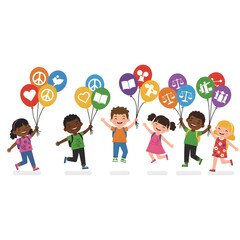 Fototapeta premium Happy Diverse Children Holding Symbolic Balloons 