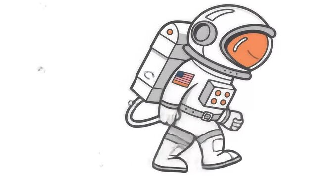 Cartoon-style astronaut in a white spacesuit with an orange visor and a U.S. flag patch on the shoulder. The astronaut is in a running pose, with a backpack and oxygen tube, set against a plain white 