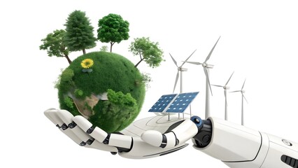 Fototapeta premium Robotic hand holding green planet with wind and solar energy