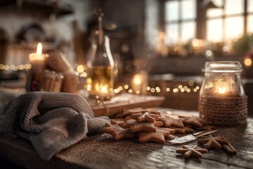 Cozy holiday scene with star-shaped gingerbread cookies, candles, and festive decor on a table.