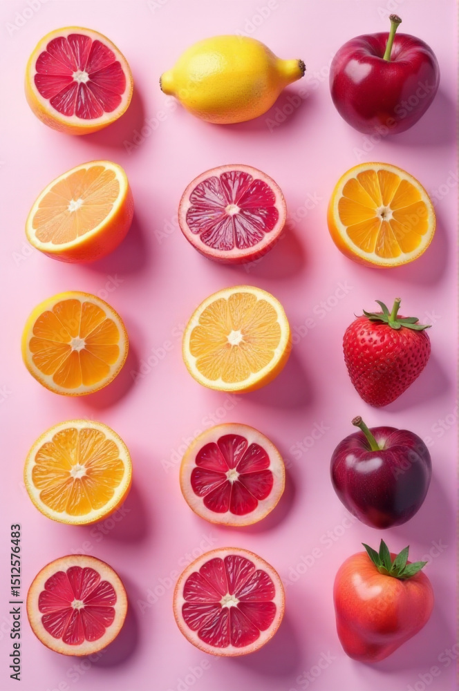 Poster A colorful array of fruits and vegetables arranged on a bright pink surface