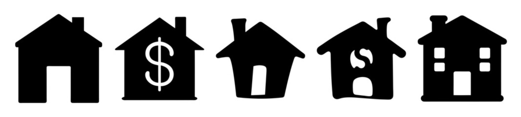 Collection of Five Stylized Black House Silhouettes Representing Real Estate Trends