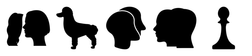 Abstract silhouettes of faces, poodle, and chess pawn creating a unique composition