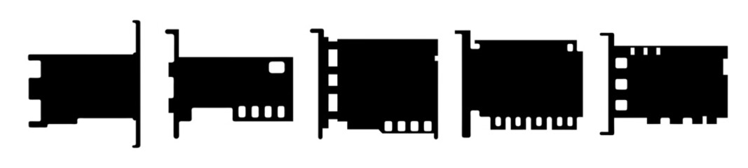 Black and White Silhouette of Computer Expansion Cards Isolated on White Background