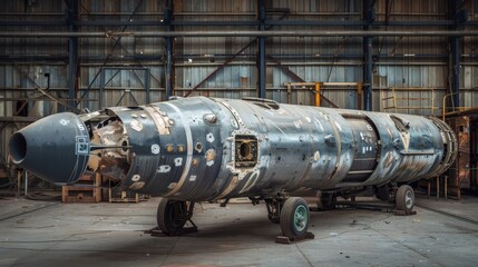 Naklejka premium A broken military missile in an abandoned warehouse, symbolizing the decline of the arms market
