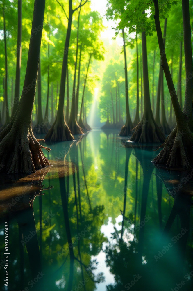 Poster A serene image of a river flowing through a dense forest, flanked by towering trees