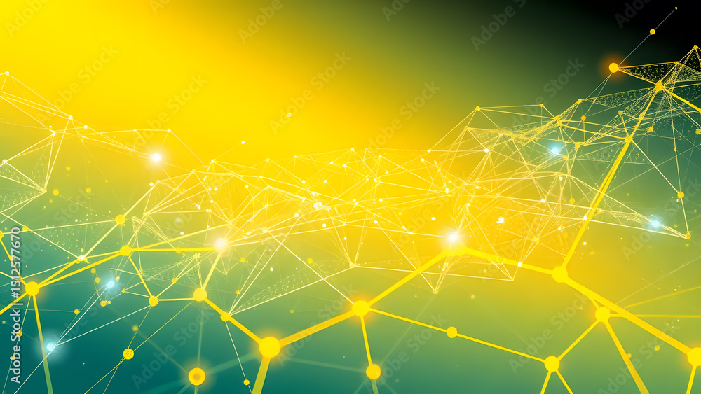 Poster a glowing network of interconnected lines and dots against a vibrant yellow and green background sym