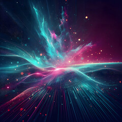 Obraz premium A mesmerizing cosmic abstract scene featuring swirling nebulae of pink and teal, glowing particles, and undulating digital landscapes, evokes futuristic wonder