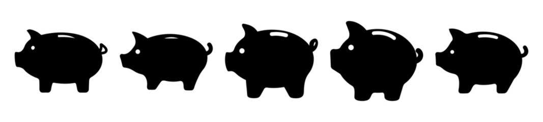 Five black piggy banks in a row on a white background represent savings