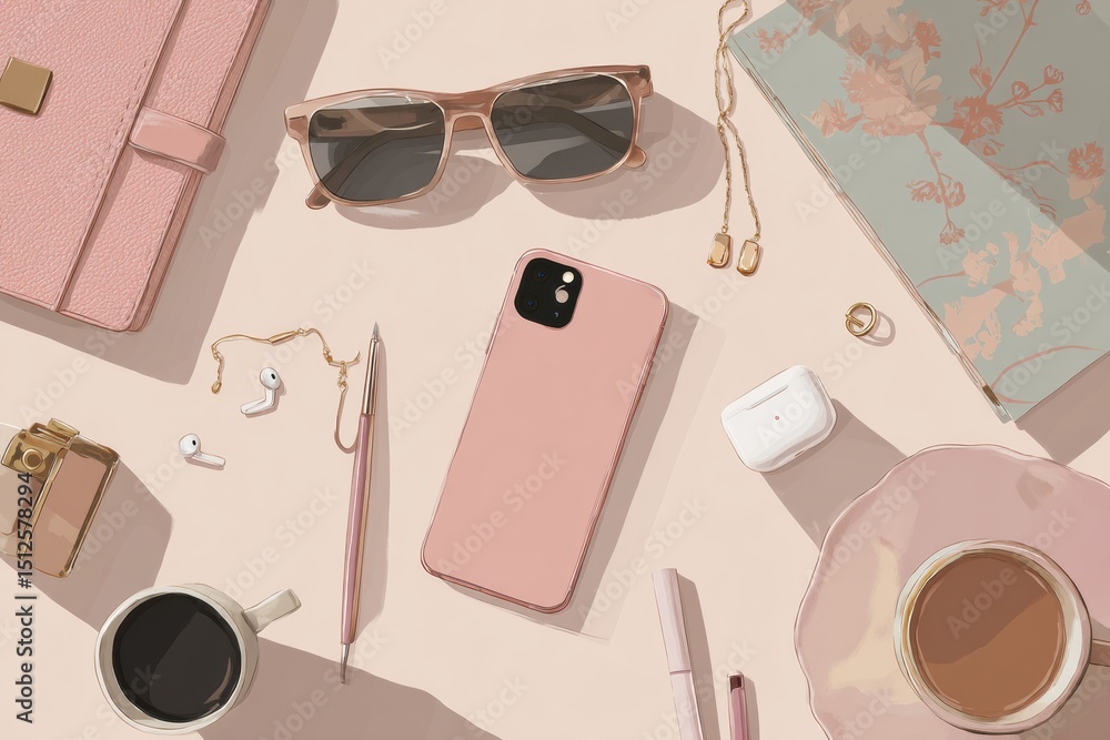 Aufkleber minimalist fashion flatlay featuring accessories and a phone arranged on a light surface with an ope