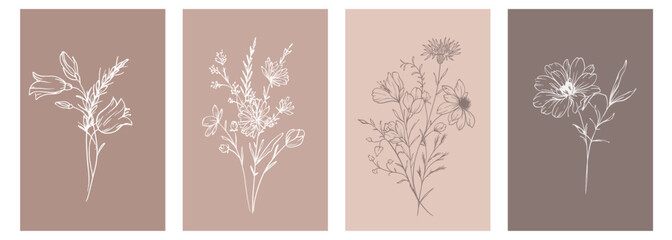 Trendy floral wildflowers and leaves line art illustration. Botanical Line Art Collection of wildflowers. Hand drawn line art graphics. Luxury Fine Line Floral Art. Perfect for Elegant wedding invite