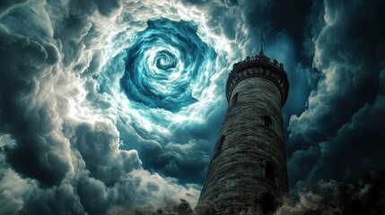 Mysterious Dark Tower of Fantasy: Gothic Wizards Amidst a Swirling Cloud Vortex in the Enchanted Sky