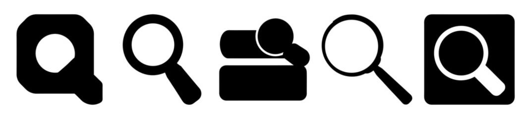 Illustrations of magnifiers in black and white display different icon designs