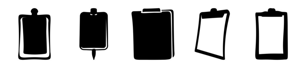 Five different stylized clipboards in a row on a white background
