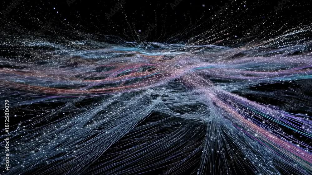 Poster complex niobium wire braiding process unfolding on a loom, forming intricate patterns against a dark