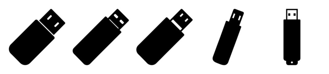 Stylized black and white illustrations of USB drives in various angles