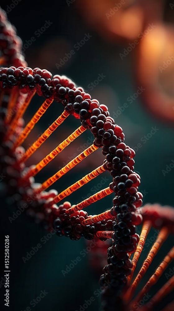 Poster dramatic illuminated dna double helix model with glowing orange connecting strands and dark red and 