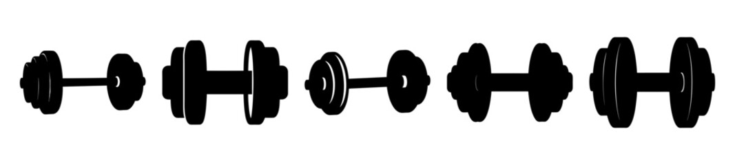 A set of black dumbbell weights in varying sizes for fitness