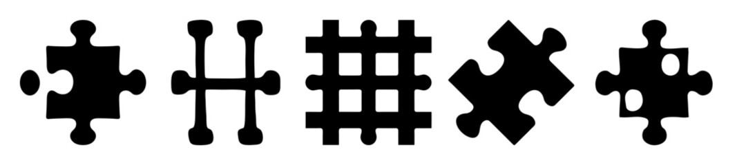 Assorted black puzzle piece shapes on a white background showcase problem solving