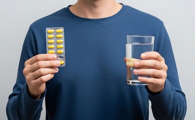 Person Taking Medication with Water and Yellow Pills