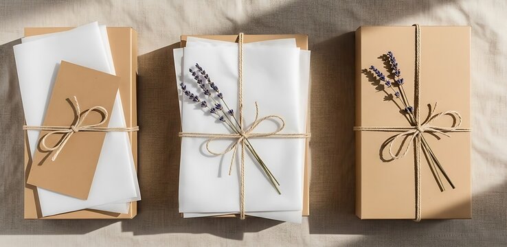Gifts Wrapped with Twine and Flowers in Neutral Colors