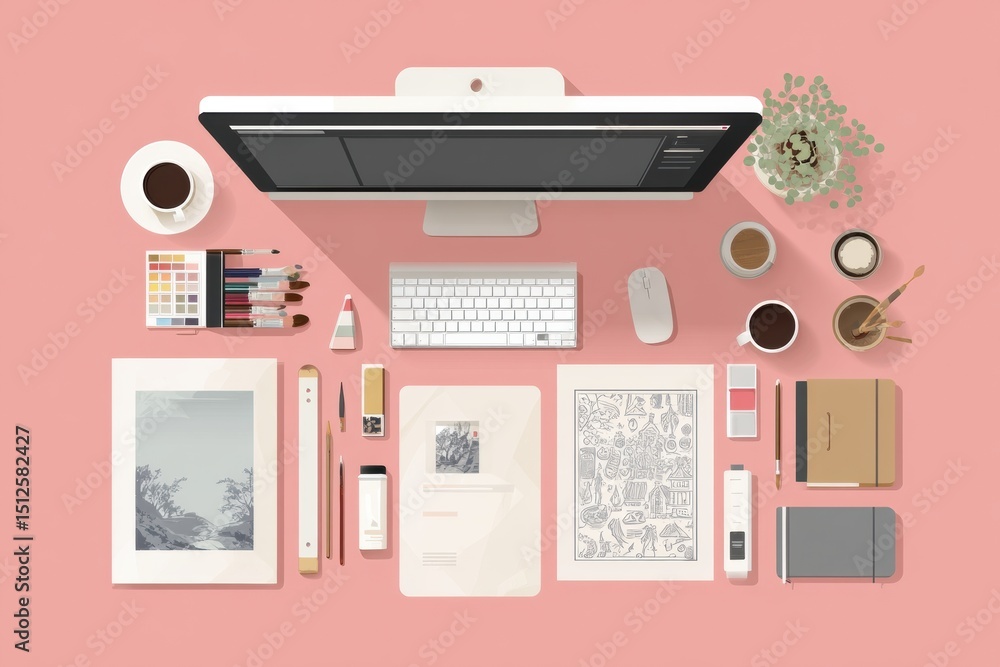 Aufkleber creative portfolio design process illustrated on a desk with art tools and layout software in a brig