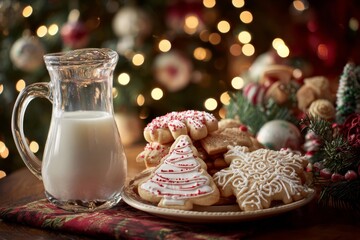 A festive holiday scene featuring Christmas cookies, milk, and warm, inviting decorations.