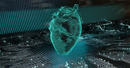 3D animation rotating abstract low-poly frame of a neon-illuminated digital heart with digital scanning effect. Futuristic visualization of innovation and science. - Powered by Adobe