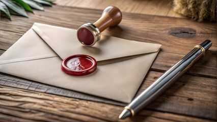 Sealed Envelope Mockup with Wax Seal, stamping tool and pen on rustic wooden table