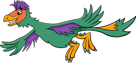 flying cartoon Caudipteryx or feathered dinosaur prehistoric character