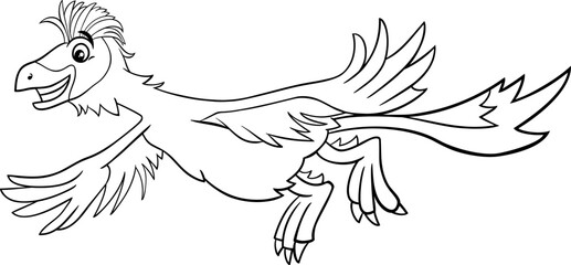 flying cartoon Caudipteryx or feathered dinosaur character coloring page