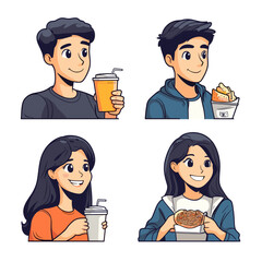 Set of four cheerful cartoon characters, two men and two women, enjoying drinks and snacks like juice cups, fries, and pizza, wearing casual colorful outfits, vibrant illustrative style, white backgro