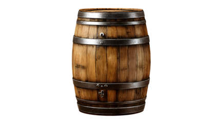 Classic wooden oak barrel with metal hoops, rustic container. Winery or storage object. Isolated on transparent background.