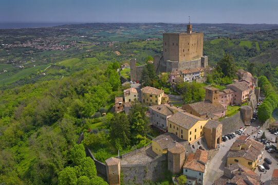 Montefiore Conca, Rocca Malatestiana - Malatesta Fortress, view to medieval castle, (near Rimini, Monte Titano and San Marino), Emilia-Romagna, Italy. The Castle was built in the 14th century