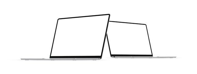 Modern Silver Laptops Mockups With Blank Screens, Side Perspective View, Isolated On White Background. Vector illustration