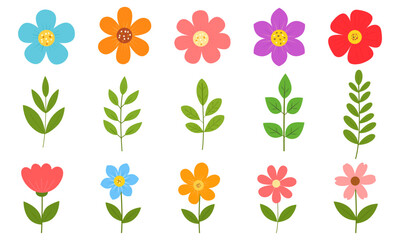 Set Of Cartoon Flowers And Green Leaves Isolated on White Background. Vector Illustration