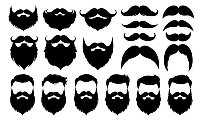 Set Of Different Types Silhouettes Of Beards And Mustaches, Isolated On White Background. Vector illustration