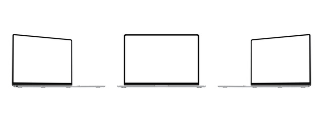 Silver Laptops Mockups With Blank Screens, Front And Side Perspective View, Isolated On White Background. Vector Illustration