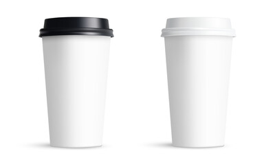 Two Blank Tall Paper Coffee Cups Mockups With Caps, Front View, Isolated On White Background. Vector Illustration