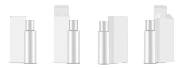 Set Of Plastic Cosmetic Bottles With Paper Boxes. Blank Packaging Mockup, Front And Side View, Opened And Closed Lid, Isolated On White Background. Vector Illustration
