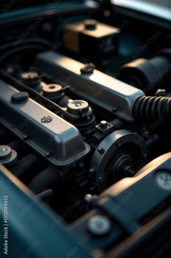 Poster a detailed view of a car's engine compartment