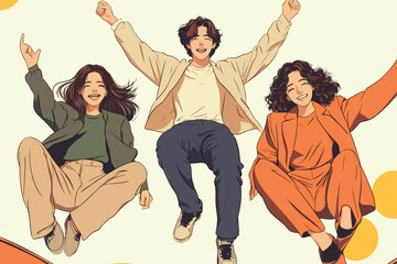 Three joyful friends jumping with raised arms, wearing casual and stylish outfits in green, beige, and orange, set against a light background with yellow dots, vibrant illustrative style