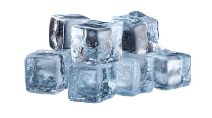 Collection of clear frozen water ice cubes stacked together, reflecting light. Cold beverage element. Isolated on transparent background.