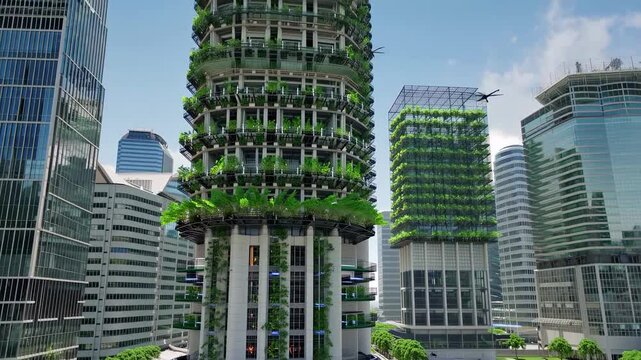 Futuristic Cityscape with Vertical Farms on Skyscraper Facades: Eco-Friendly Urban Farming, Drone Maintenance, and Solar-Powered Sustainable Architecture in Modern Metropolis